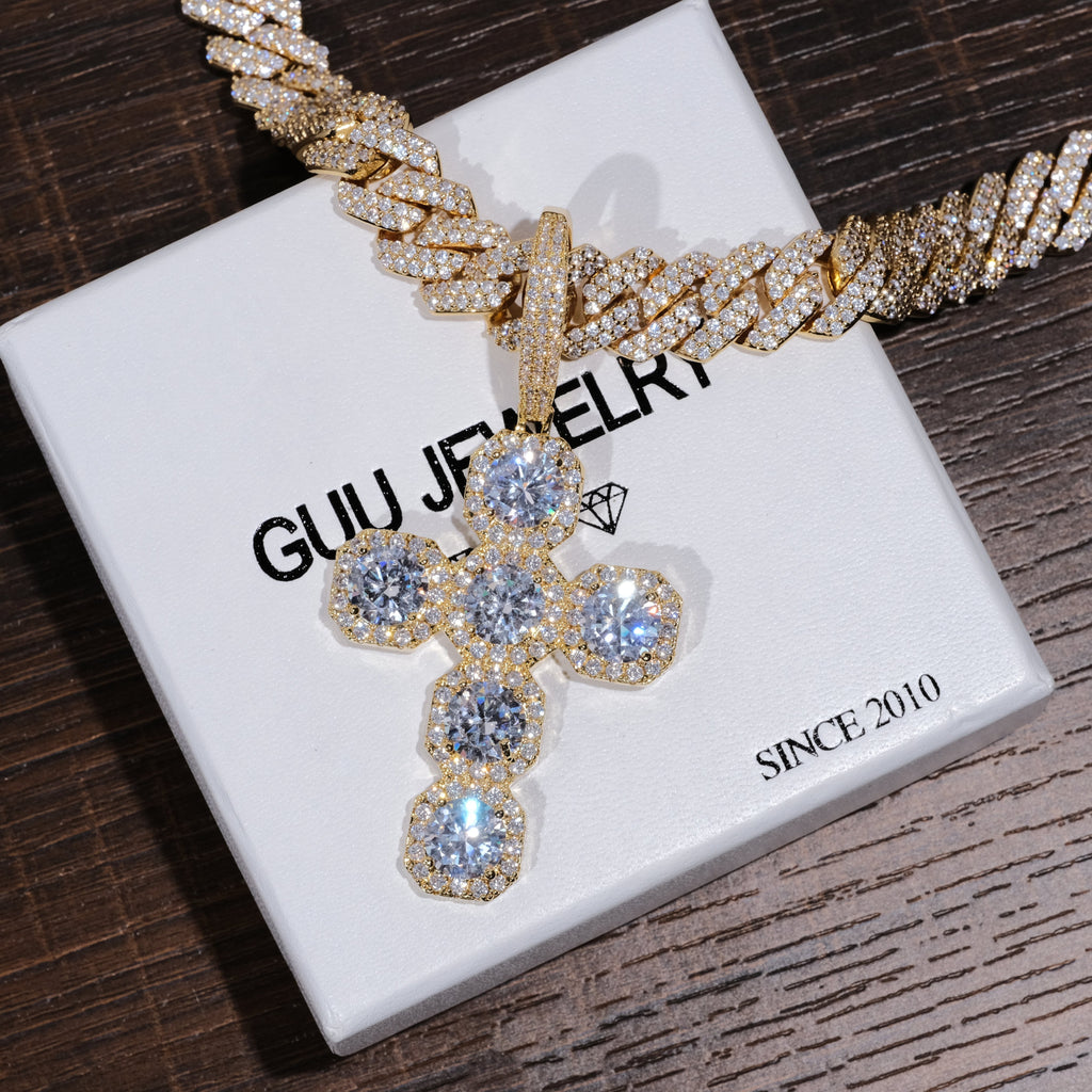 Iced Large Gemstone Cross Necklace