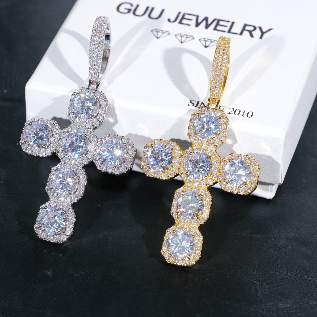 Iced Large Gemstone Cross Necklace