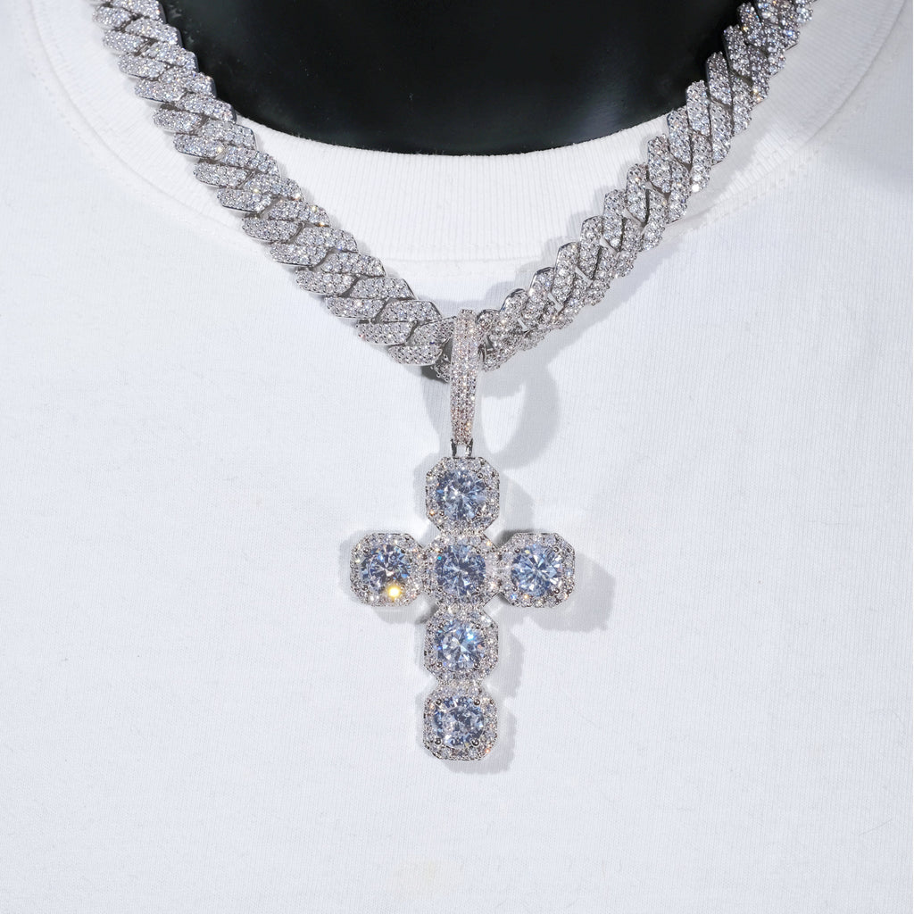 Iced Large Gemstone Cross Necklace