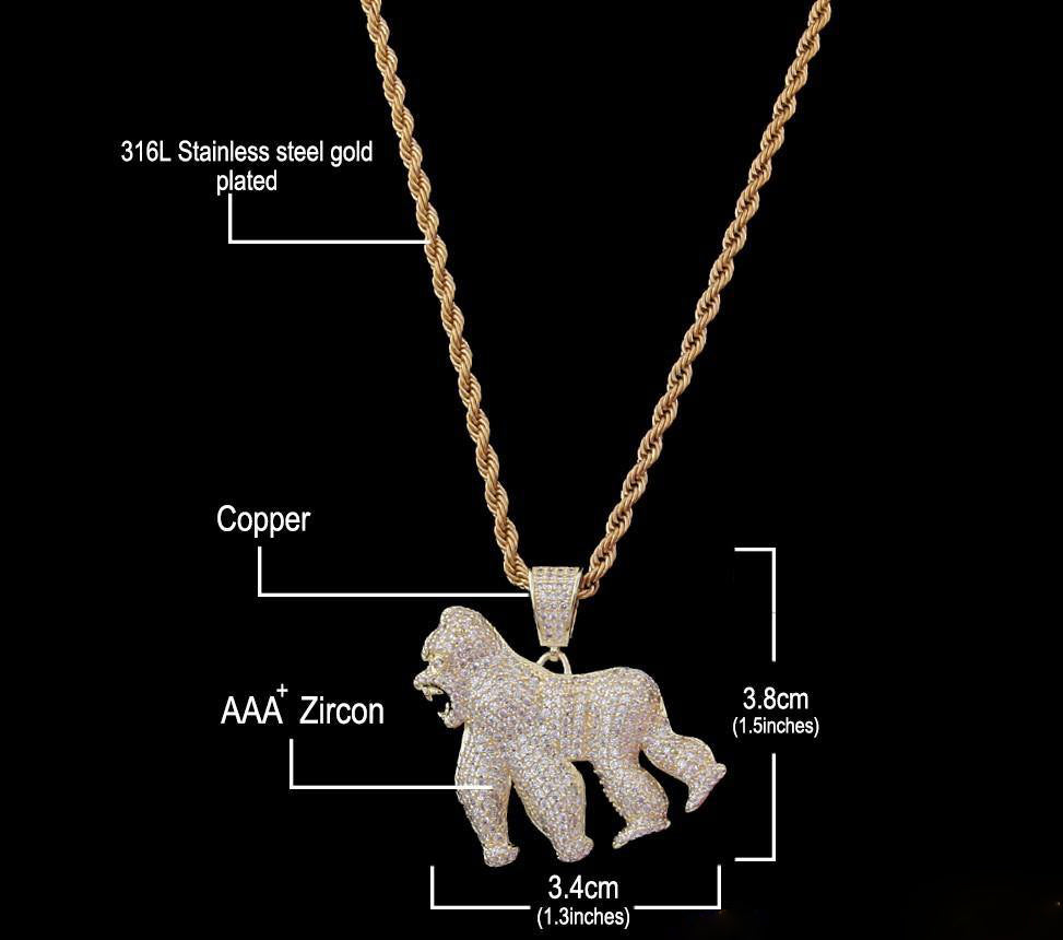 Iced AAA CZ Gorilla Pendant In 18K Yellow Gold-Plated