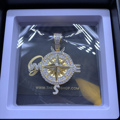 Iced Two-tone 45mm Gold-Plated  CZ  Compass  Pendant $ Cuban Link Chain