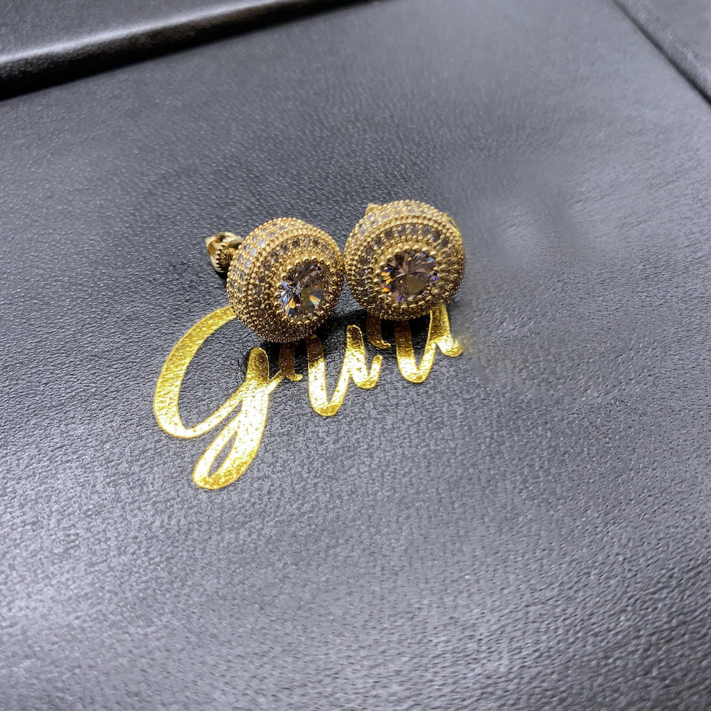 925 Sterling Gold-Plated/Silver Iced Round Shape 12mm Hip Hop Earrings
