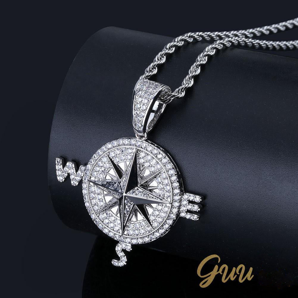 Iced Two-tone 45mm Gold-Plated  CZ  Compass  Pendant $ Cuban Link Chain