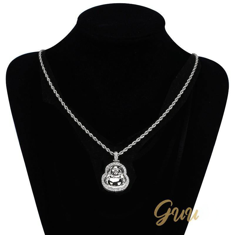 Iced  Gold-Plated & Silver CZ  Maitreya Buddha  Pendant & Cuban Link Chain