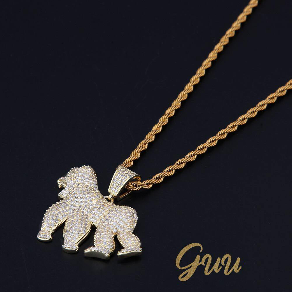 Iced AAA CZ Gorilla Pendant In 18K Yellow Gold-Plated