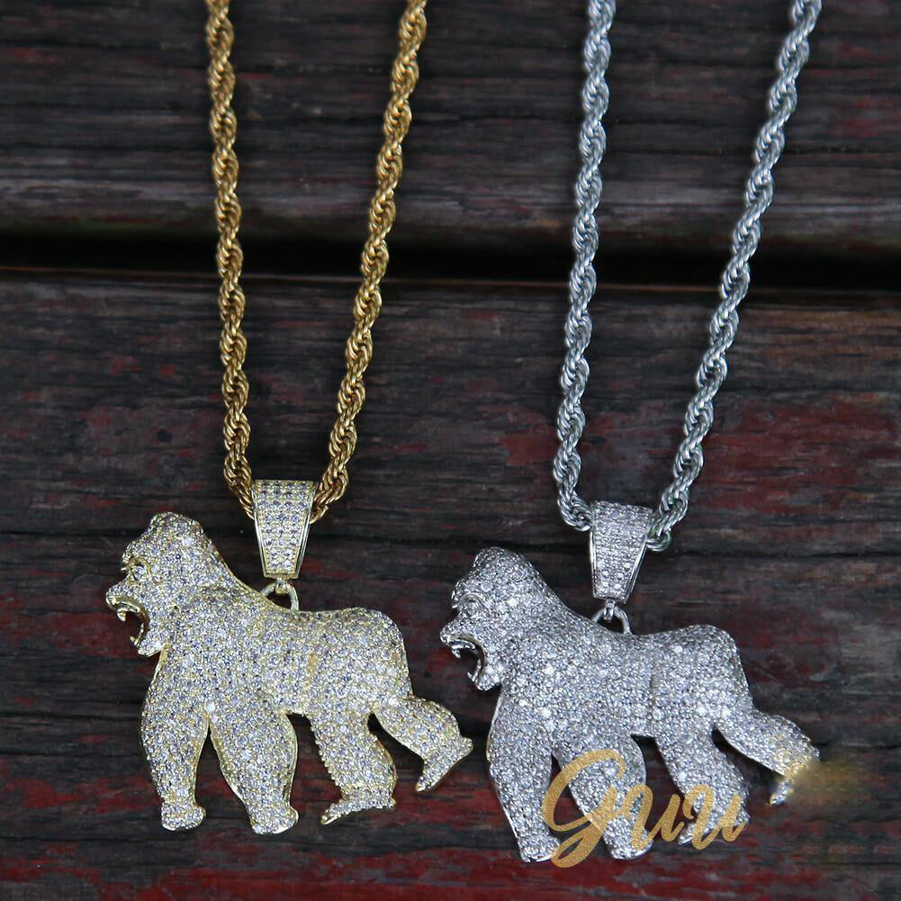 Iced AAA CZ Gorilla Pendant In 18K Yellow Gold-Plated