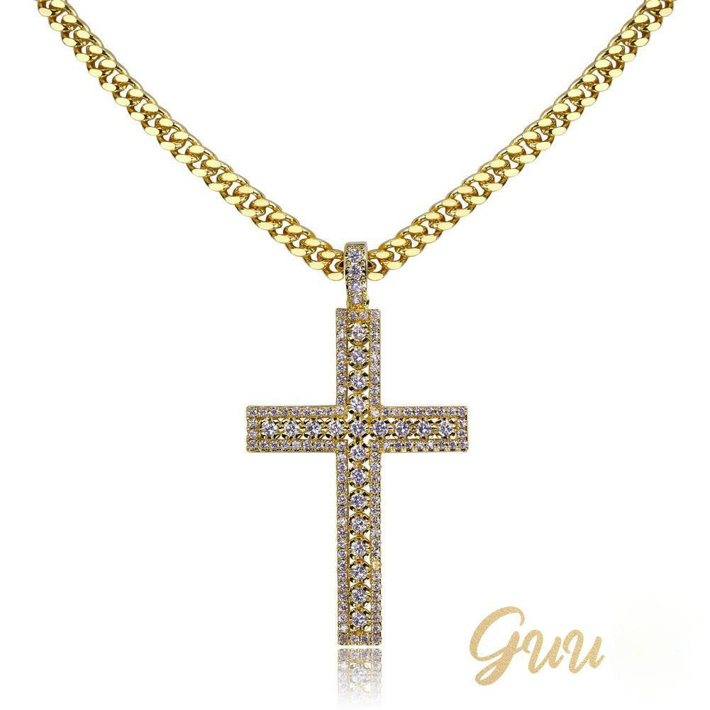35mm  Iced Yellow Gold-Plated CZ Cross Pendant - The GUU Shop