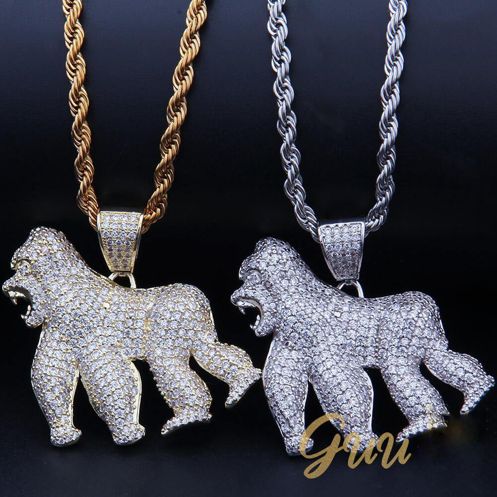 Iced AAA CZ Gorilla Pendant In 18K Yellow Gold-Plated