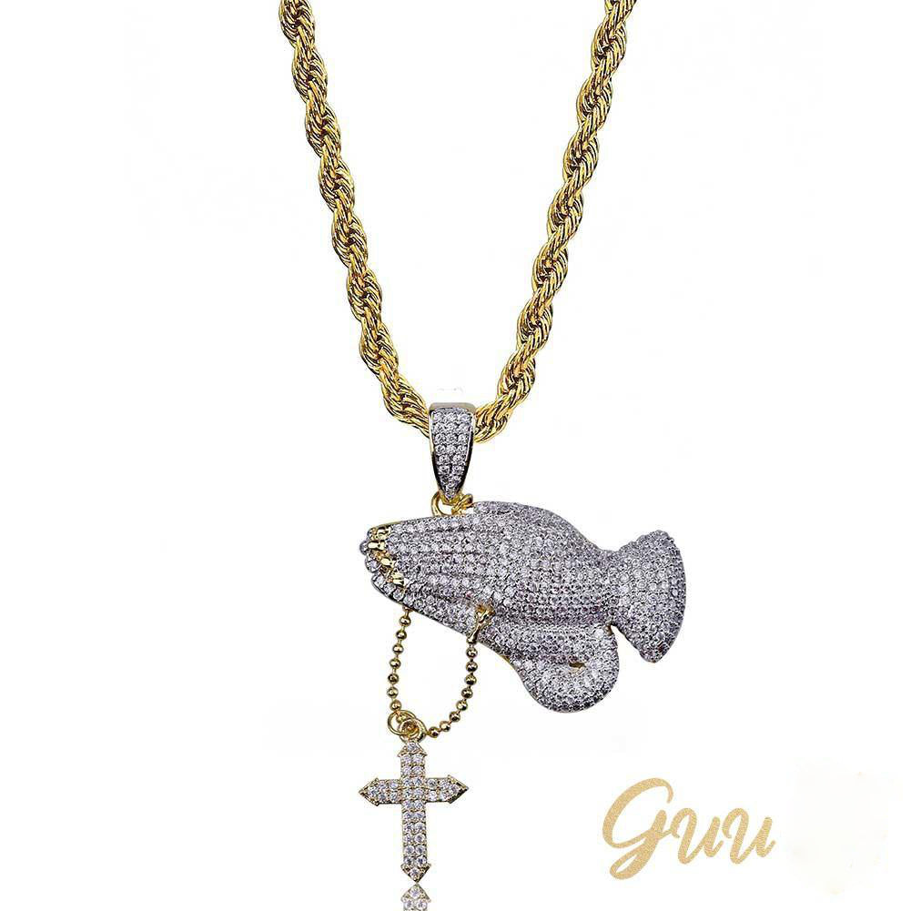 Iced Two-tone Prayer Gesture Cross Hip Hop Pendant Jewelry