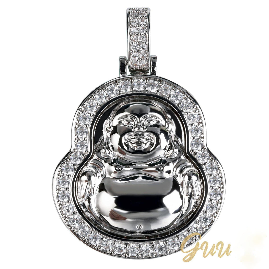 Iced  Gold-Plated & Silver CZ  Maitreya Buddha  Pendant & Cuban Link Chain