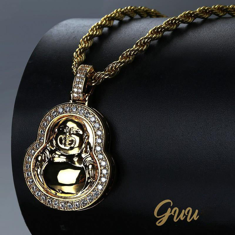 Iced  Gold-Plated & Silver CZ  Maitreya Buddha  Pendant & Cuban Link Chain