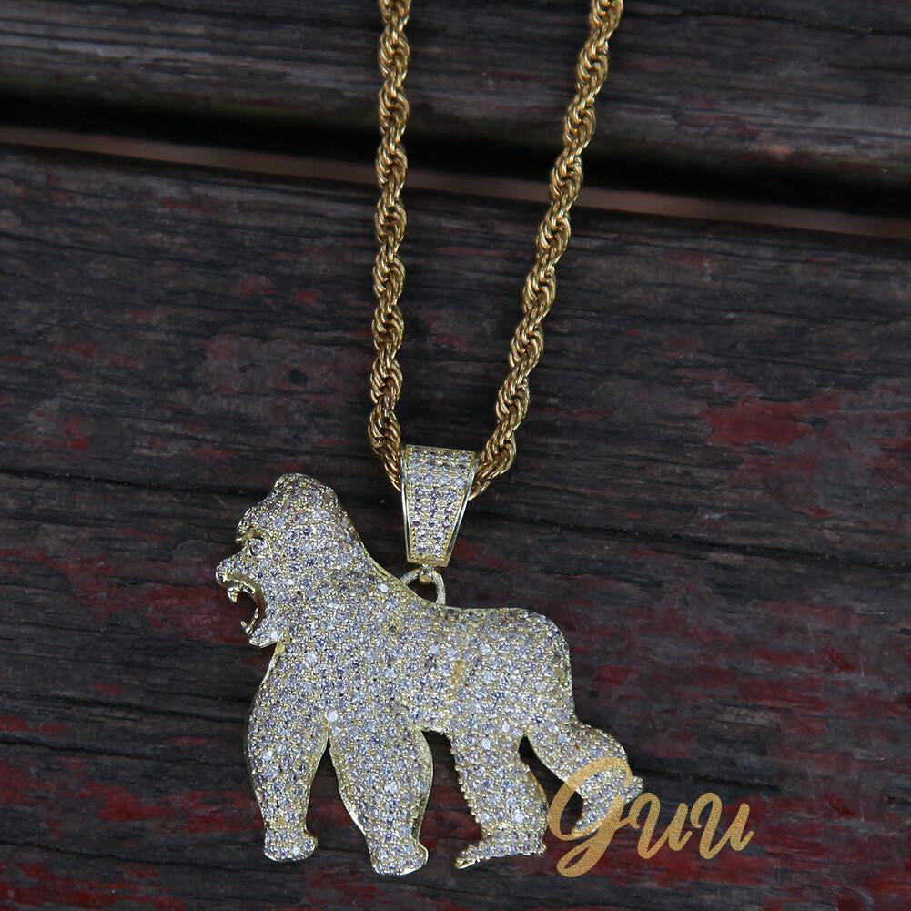 Iced AAA CZ Gorilla Pendant In 18K Yellow Gold-Plated