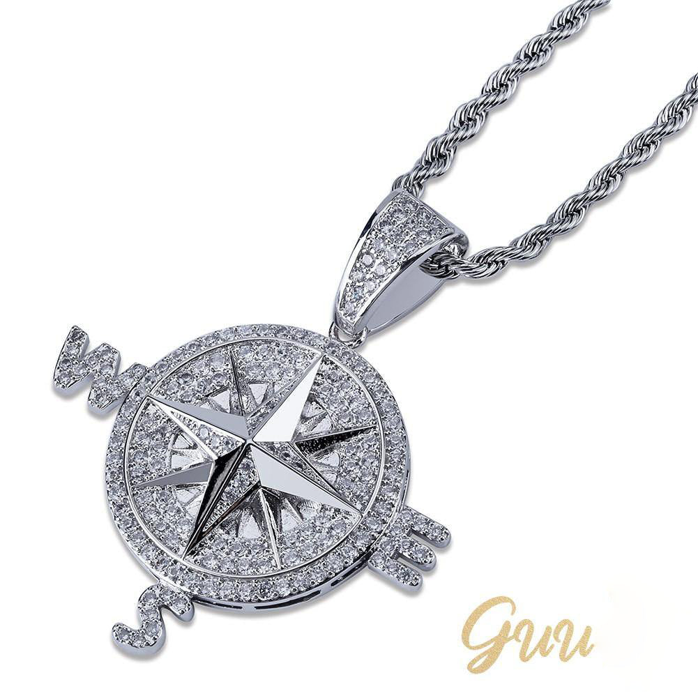 Iced Two-tone 45mm Gold-Plated  CZ  Compass  Pendant $ Cuban Link Chain