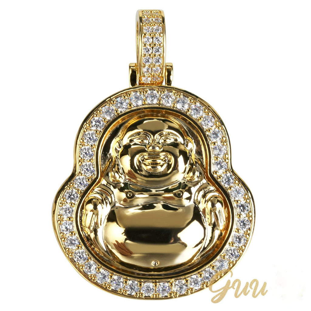 Iced  Gold-Plated & Silver CZ  Maitreya Buddha  Pendant & Cuban Link Chain