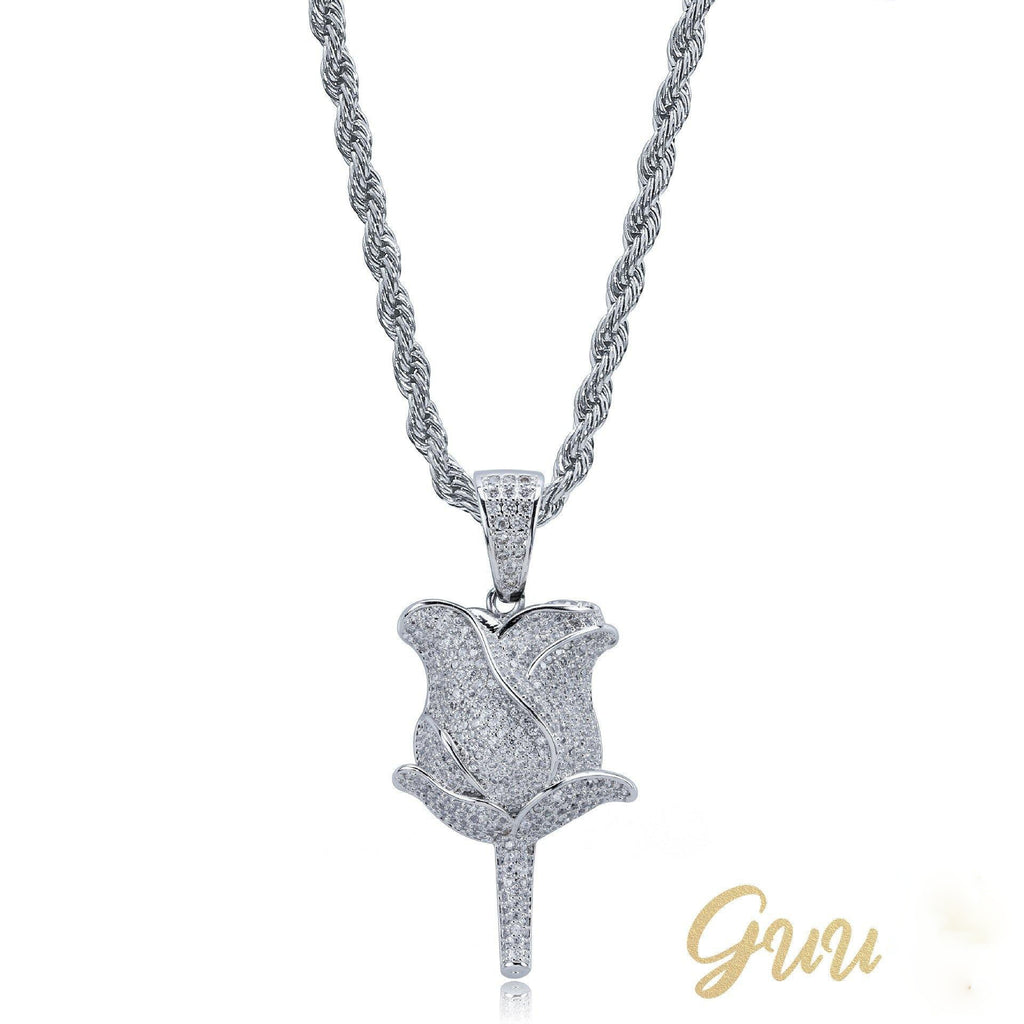 30mm  Iced Gold-Plated CZ  Rose Pendant & Cuban Link Chain - The GUU Shop