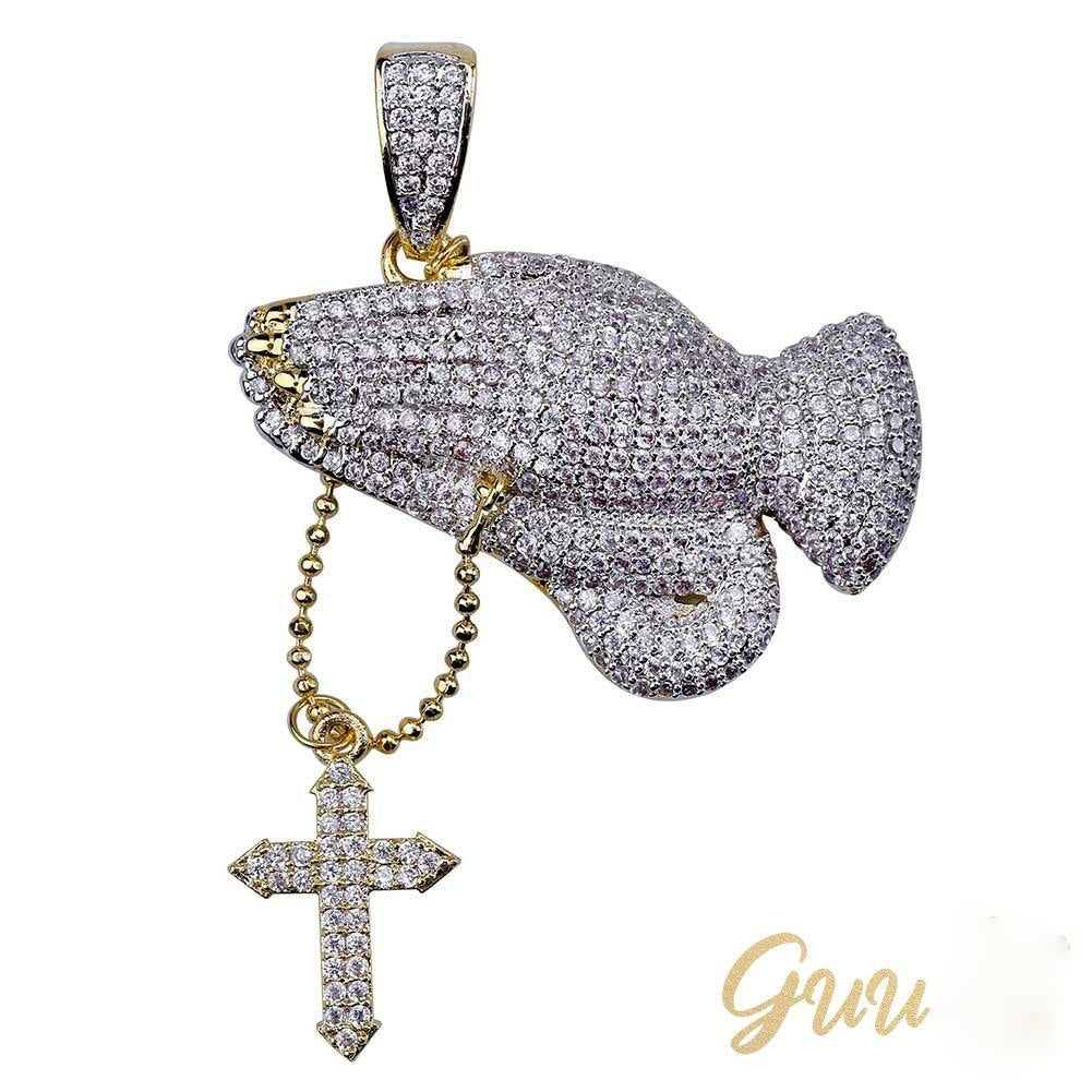 Iced Two-tone Prayer Gesture Cross Hip Hop Pendant Jewelry